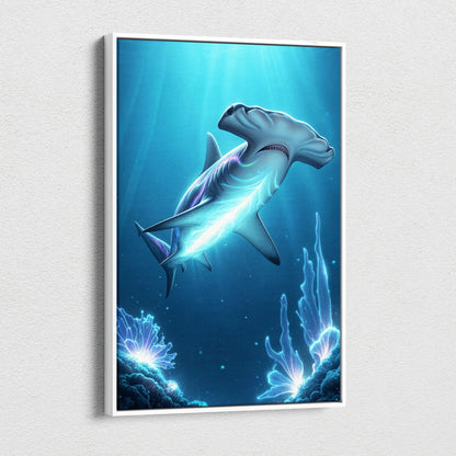 Framed bioluminescent hammerhead shark canvas wall art in aqua blues
