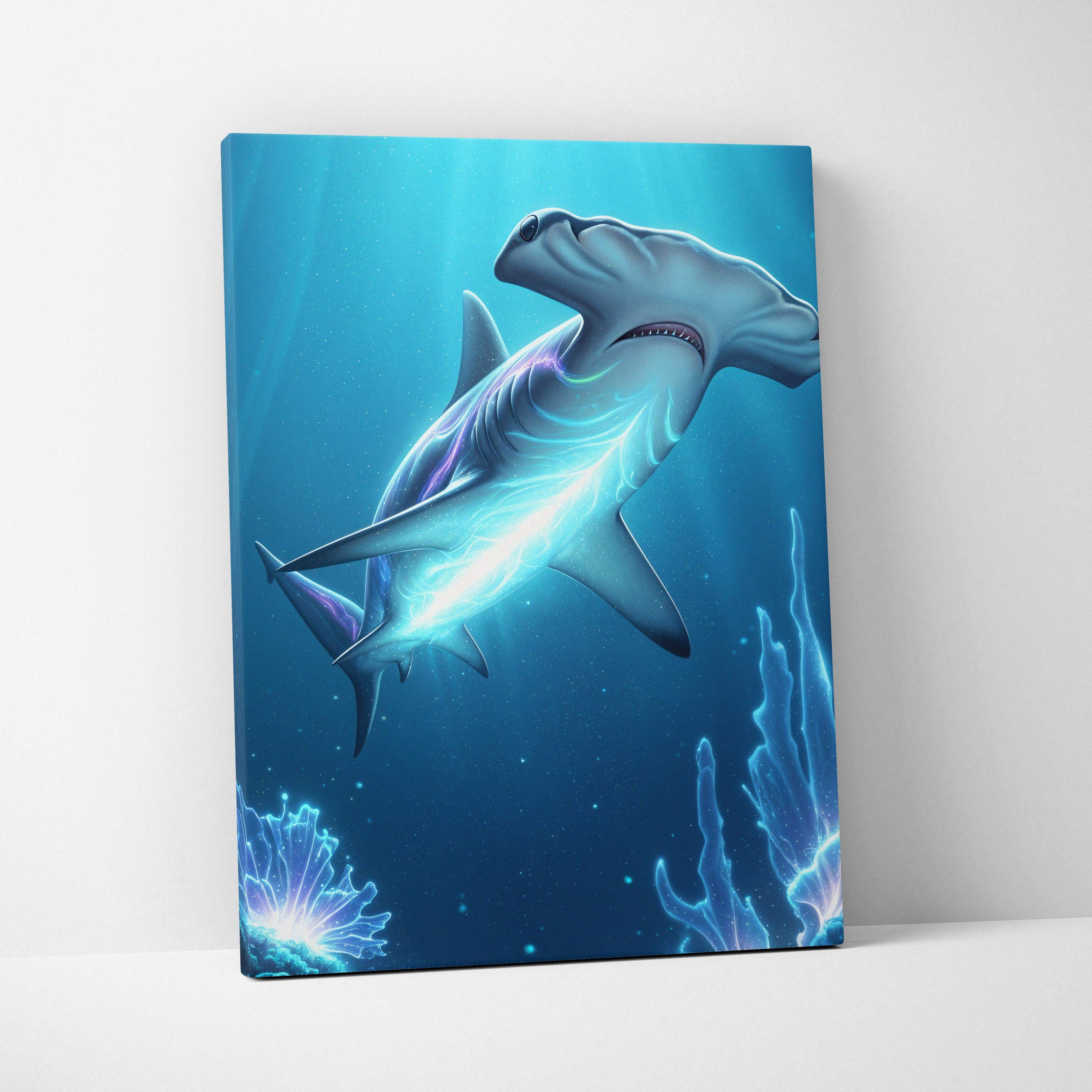 Vibrant blue canvas print of glowing hammerhead shark in bioluminescent underwater fantasy