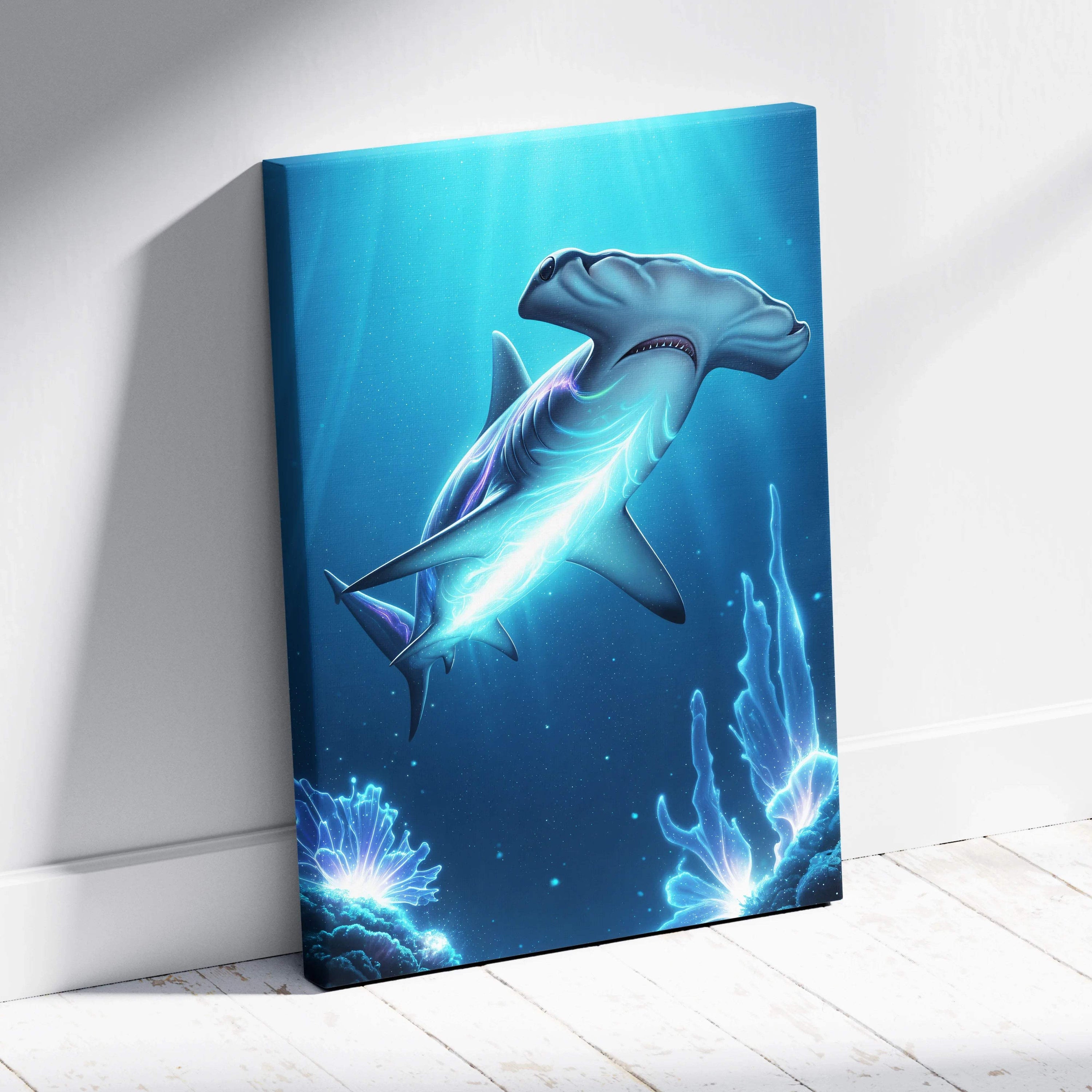 Vibrant blue canvas print of glowing hammerhead shark in bioluminescent underwater fantasy