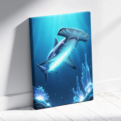Vibrant blue canvas print of glowing hammerhead shark in bioluminescent underwater fantasy