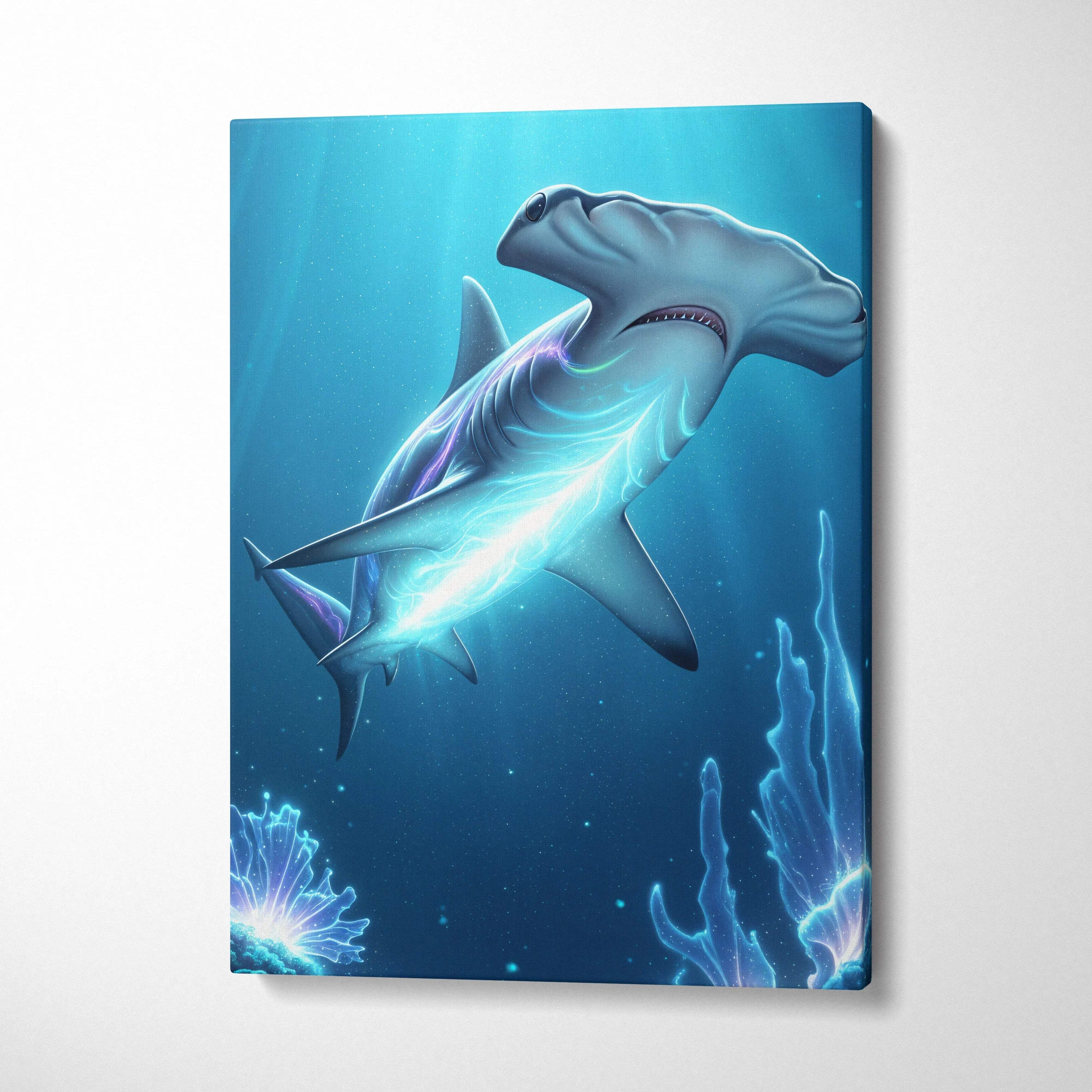 Bioluminescent hammerhead shark canvas wall art in aqua blues serene underwater fantasy
