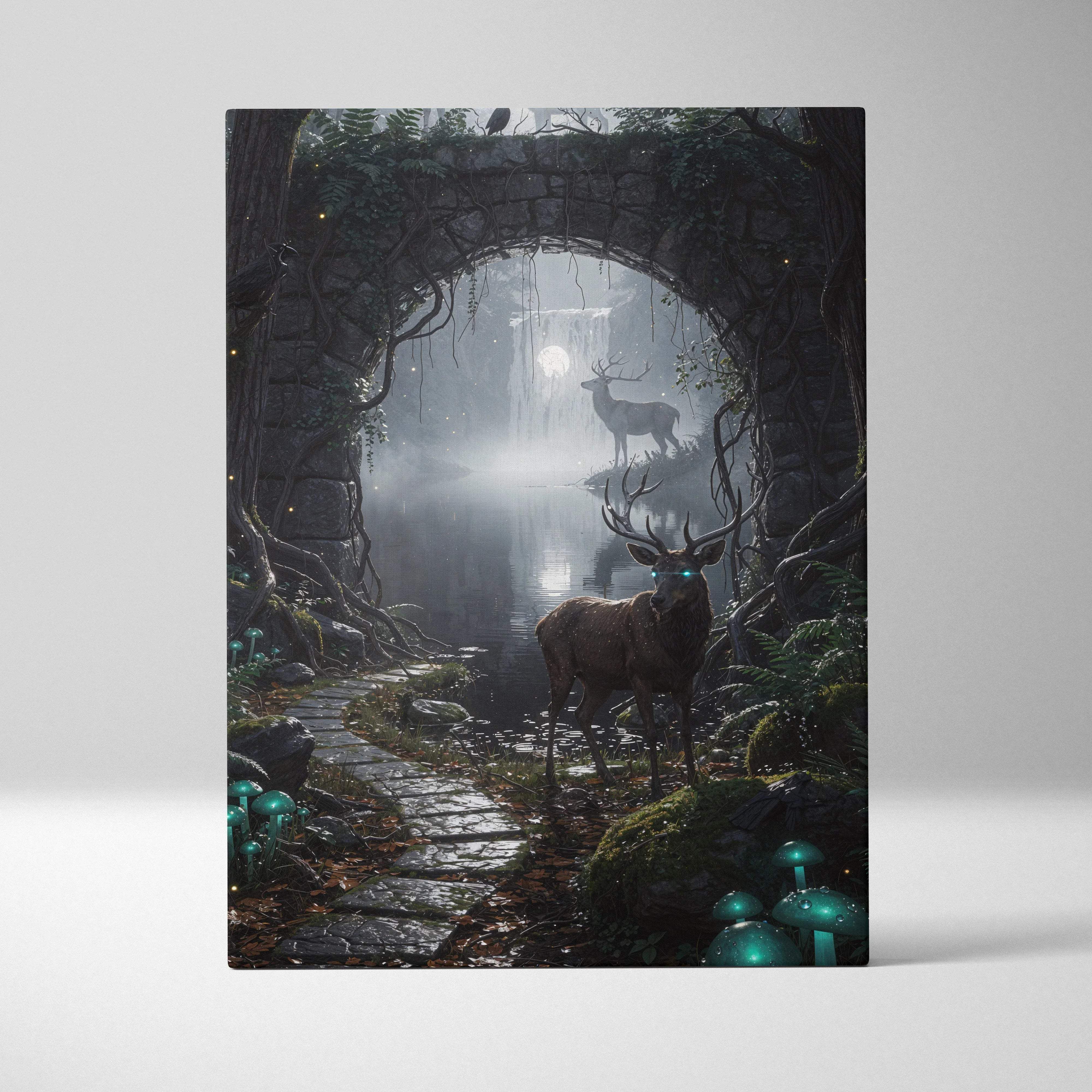 Enchanted moonlit forest canvas art with glowing-eyed stags, misty waterfall