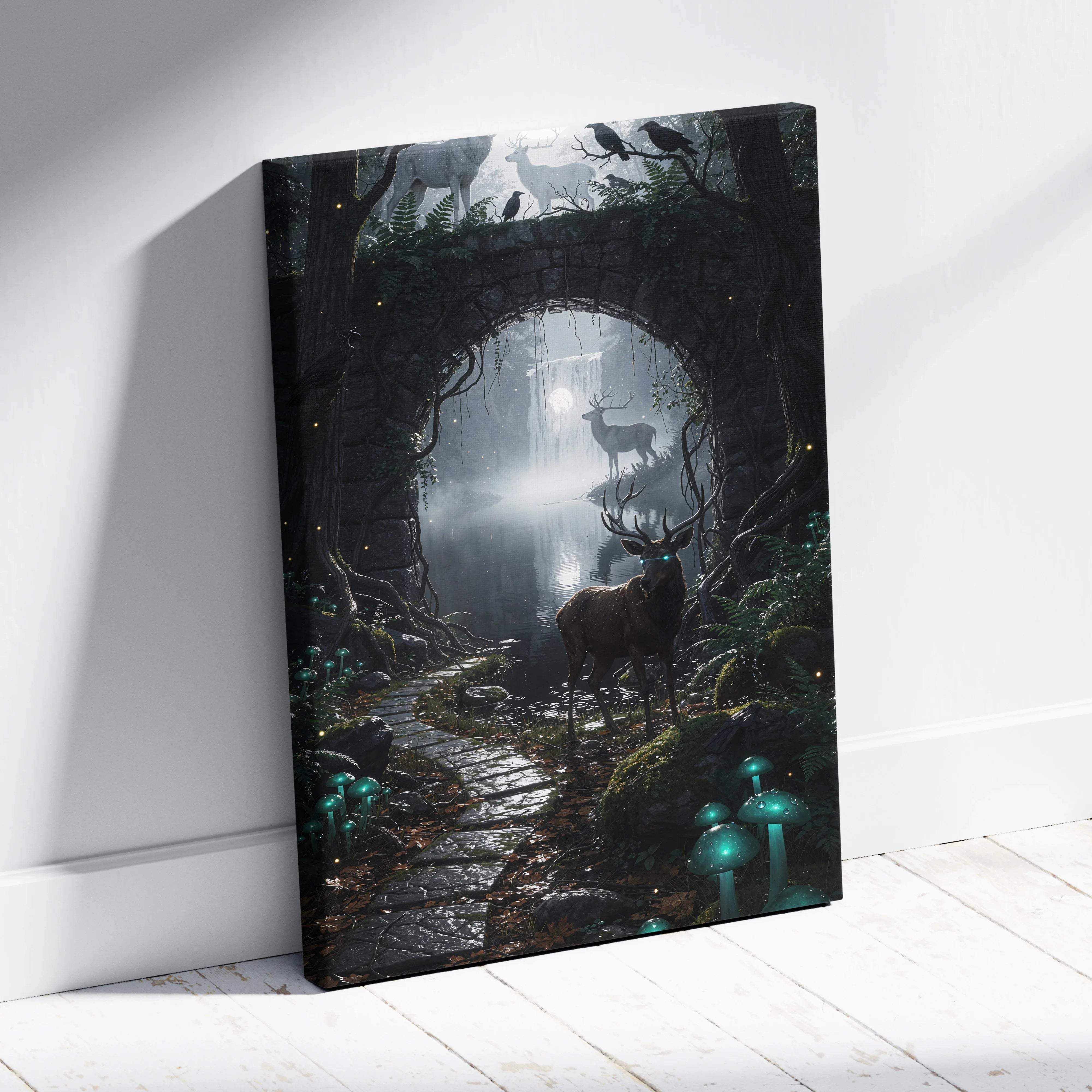 Enchanted moonlit forest canvas art with glowing teal mushrooms, stags, misty waterfalls