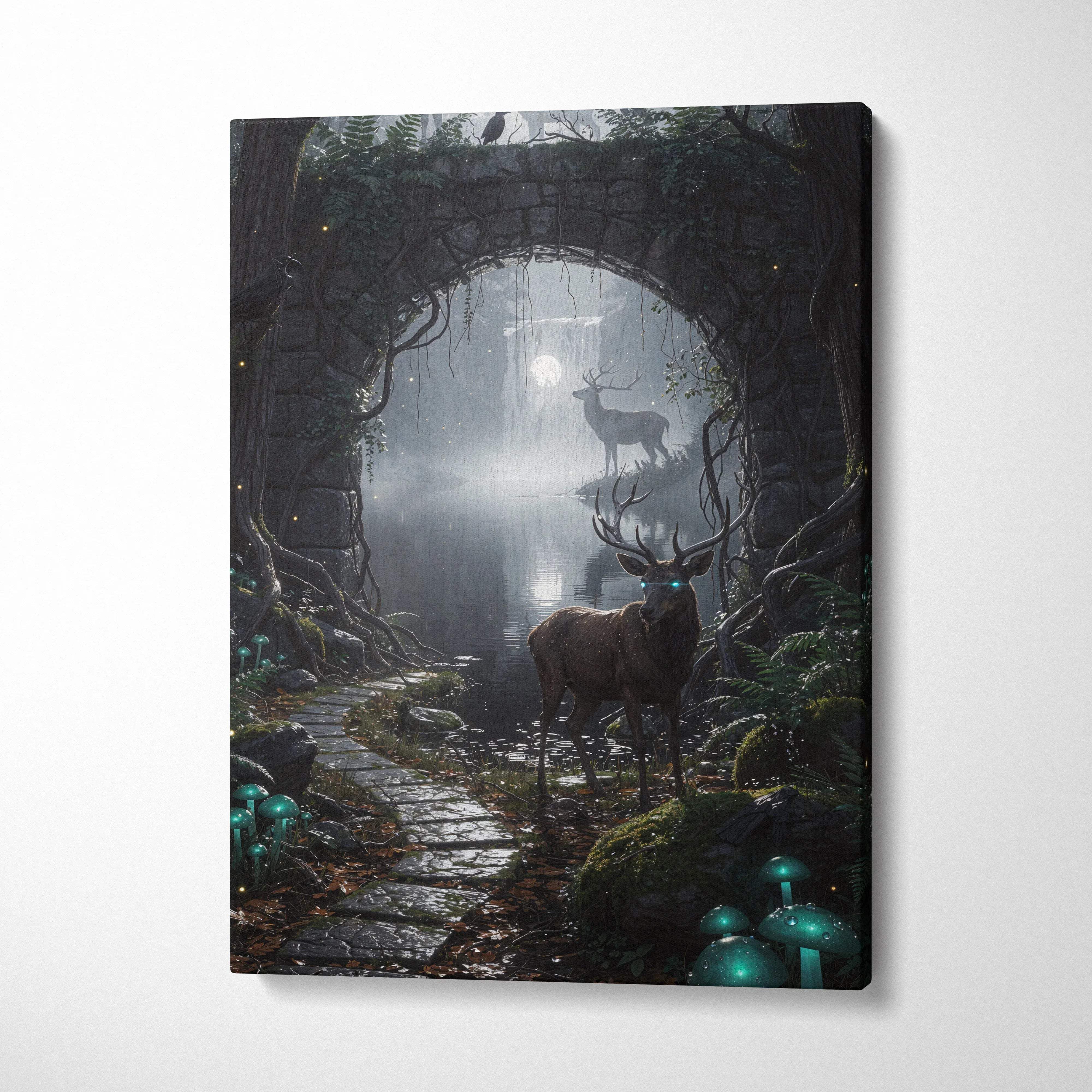 Canvas print of enchanted moonlit forest with glowing teal mushrooms, stags, emerald greens