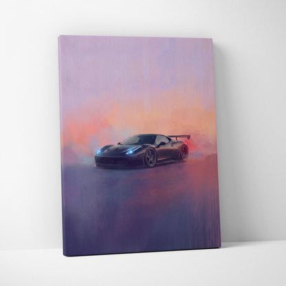 Black Ferrari 458 Italia sports car canvas print with glowing blue headlights and rear spoiler against purple orange sky