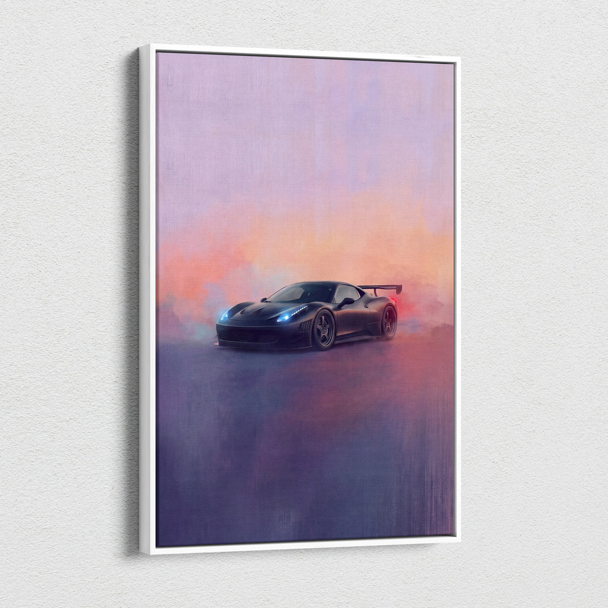 Black sports car poster in a white frame featuring a ferrari 458 italia with glowing blue headlights and red taillights