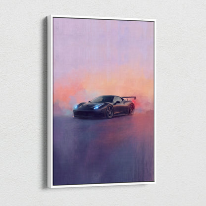 Black sports car poster in a white frame featuring a ferrari 458 italia with glowing blue headlights and red taillights