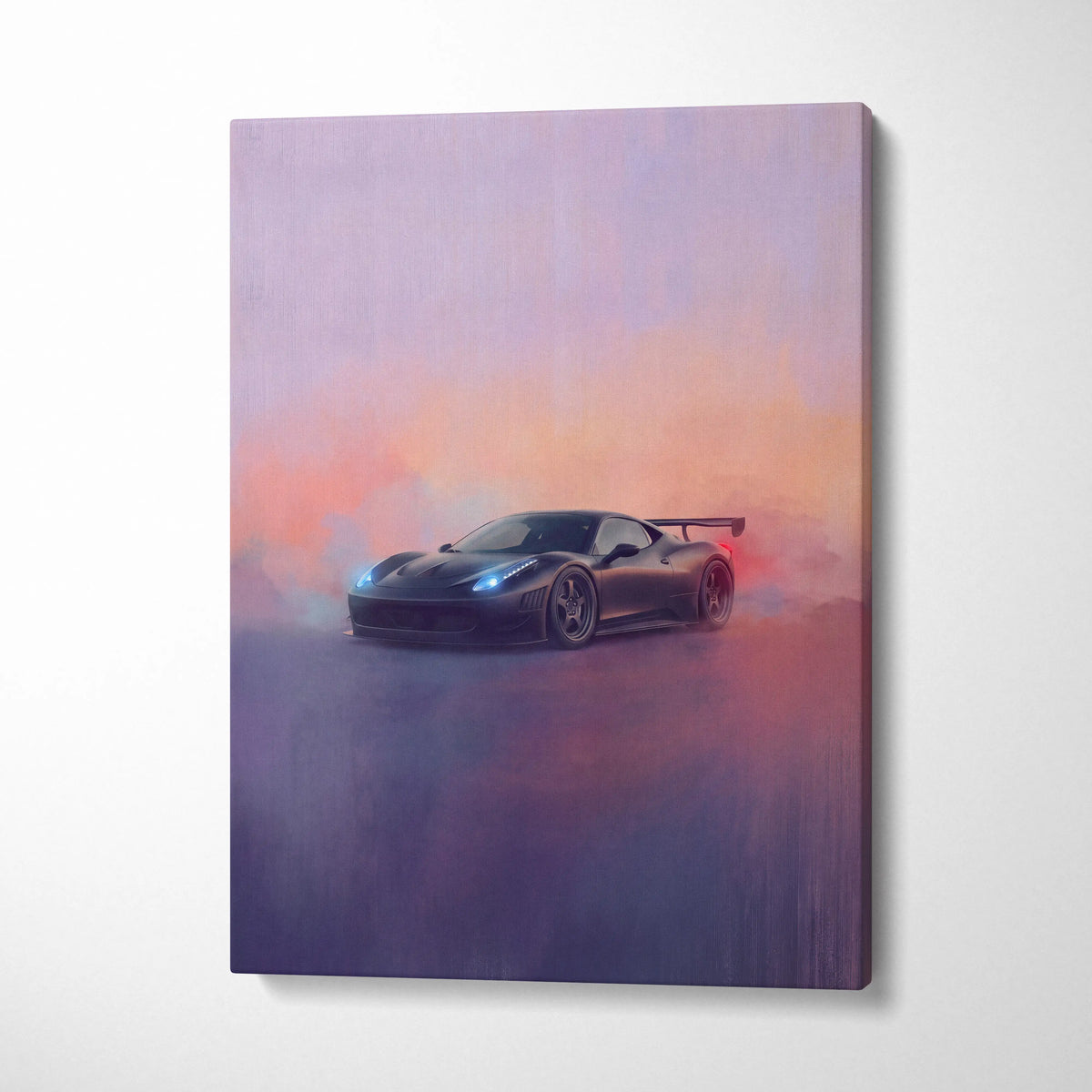 Ferrari 458 italia inspired car wall art canvas print featuring black matte sports car with glowing blue headlights and red taillights