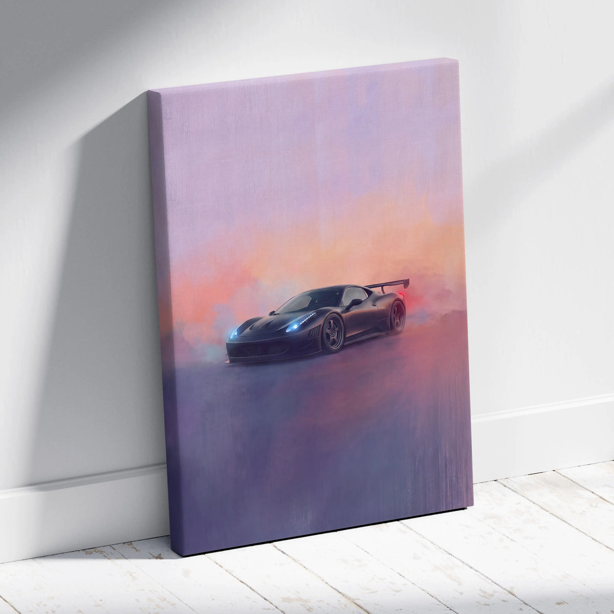 A sleek black Ferrari 458 Italia sports car canvas print with a soft pink and purple dreamy gradient sky background