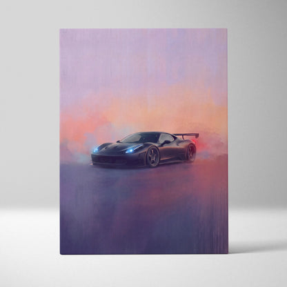 Ferrari 458 italia inspired car wall art featuring a sleek black sports car with glowing blue headlights on canvas