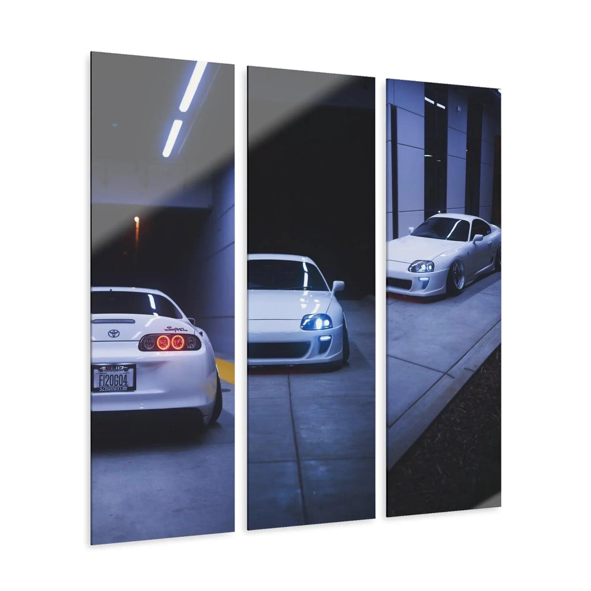 Toyota Supra MK4 3-piece canvas wall art with sleek white car in urban night setting.
