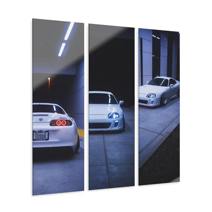 Toyota Supra MK4 3-piece canvas wall art with sleek white car in urban night setting.