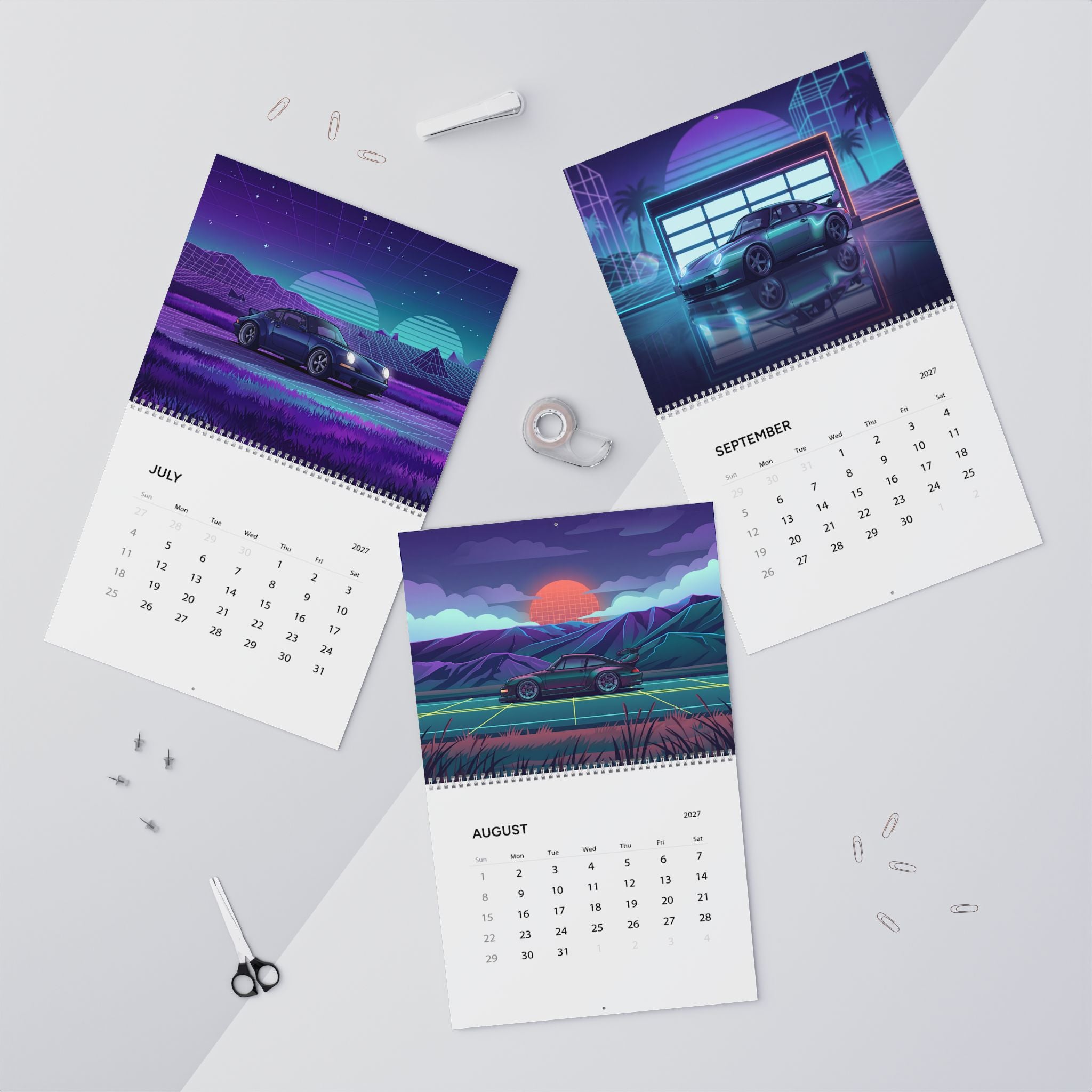 2027 Classic Porsche Inspired Vaporwave Wall Calendar – Retro Sports Car Neon Artwork Collection