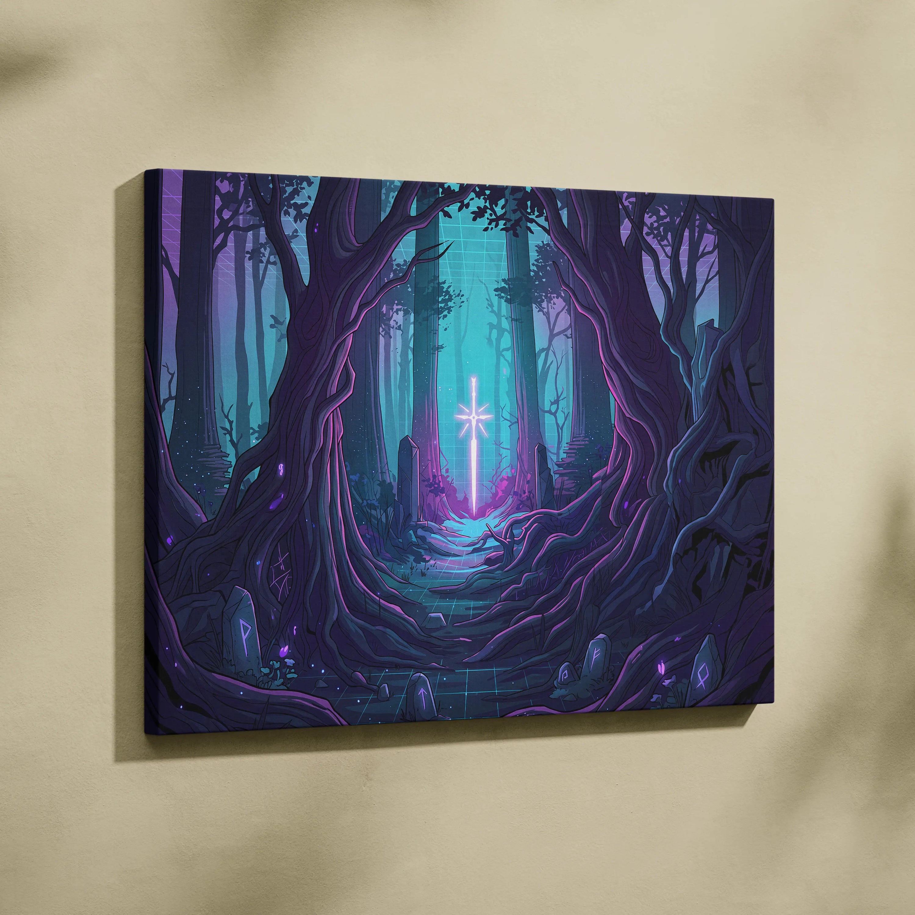 Vaporwave Neon Forest Canvas Art - Forest Scene Neon Blues Living Room Vaporwave Dreamy Glow Modern Canvas Print