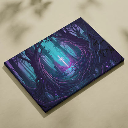 Vaporwave Neon Forest Canvas Art - Forest Scene Neon Blues Living Room Vaporwave Dreamy Glow Modern Canvas Print