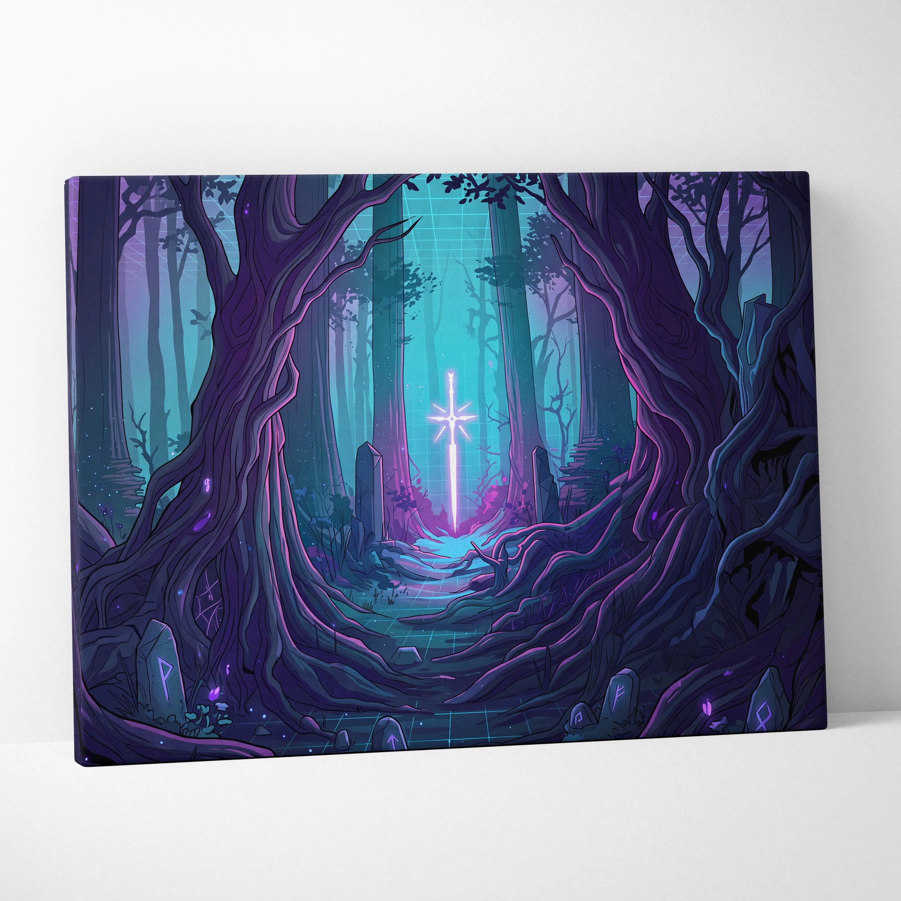 Vaporwave Neon Forest Canvas Art - Forest Scene Neon Blues Living Room Vaporwave Dreamy Glow Modern Canvas Print