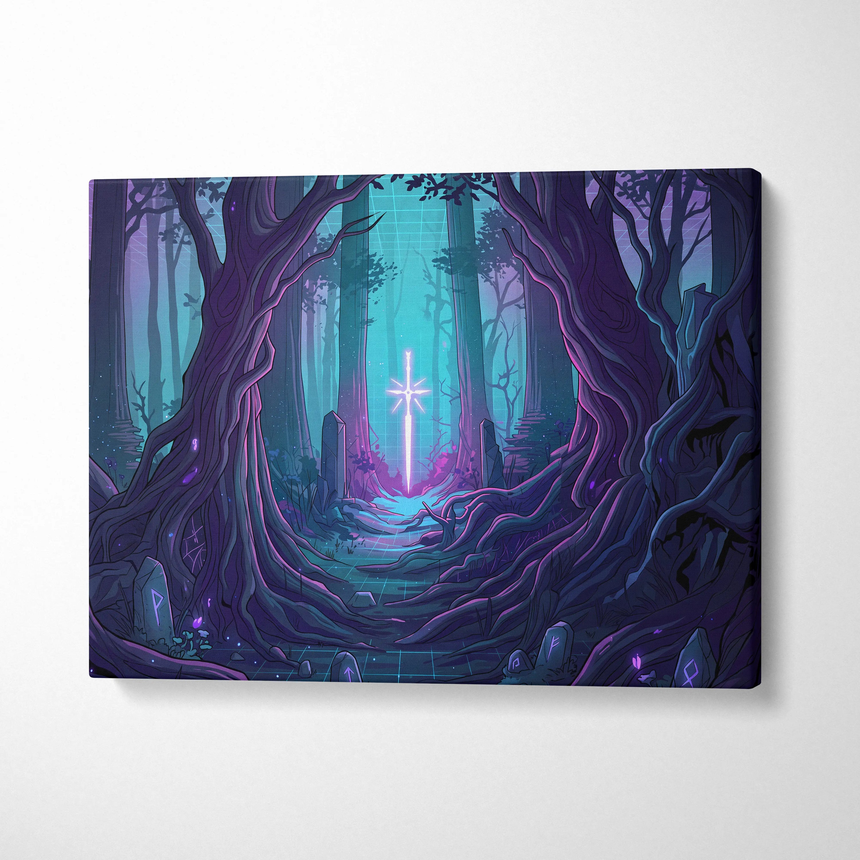 Vaporwave Neon Forest Canvas Art - Forest Scene Neon Blues Living Room Vaporwave Dreamy Glow Modern Canvas Print
