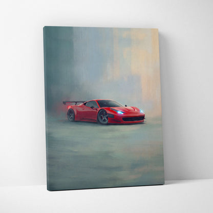 Red Ferrari sports car in dynamic drift pose on luxury canvas print inspired by Ferrari 458 Italia supercar wall art