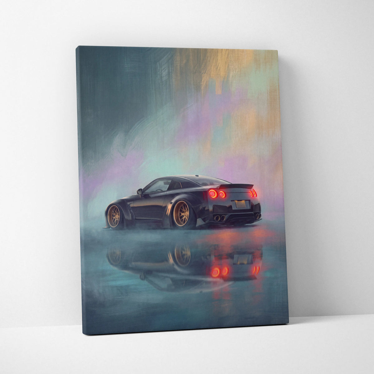Black nissan r35 gt-r canvas print with glowing red taillights and gold rims for modern automotive wall art decor