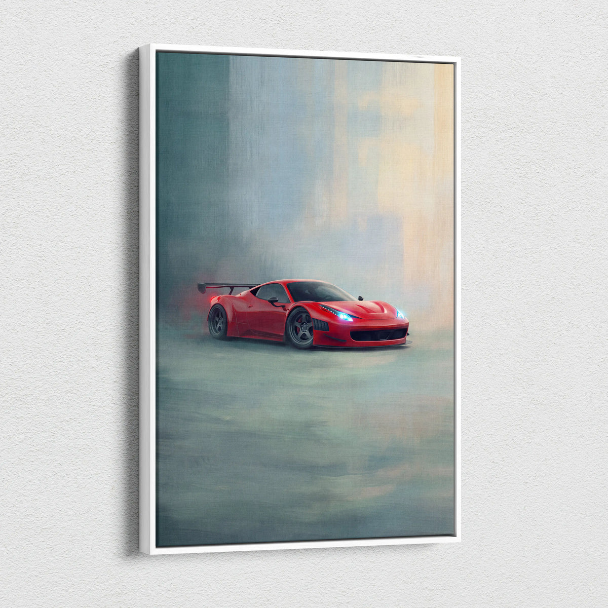 Red ferrari 458 italia sports car canvas print featuring a dynamic smoky urban scene in a white frame
