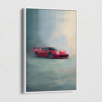 Red ferrari 458 italia sports car canvas print featuring a dynamic smoky urban scene in a white frame