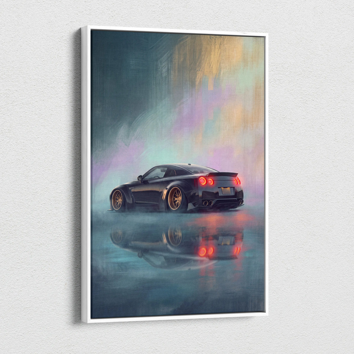 Black nissan r35 gt-r sports car with gold rims and glowing red taillights stylized painting in white frame wall art