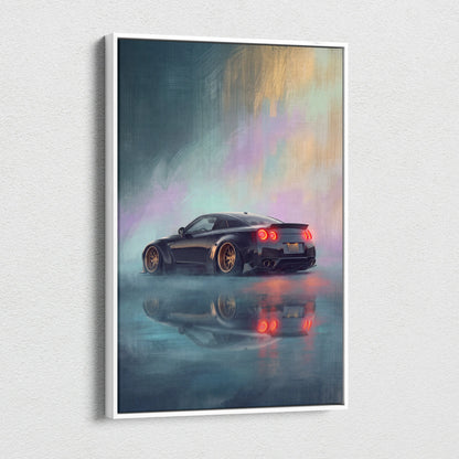 Black nissan r35 gt-r sports car with gold rims and glowing red taillights stylized painting in white frame wall art