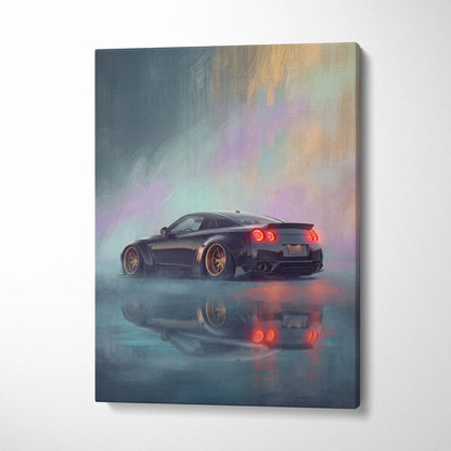 Stylized canvas painting of a black nissan r35 gt-r with gold rims and glowing red taillights for modern decor