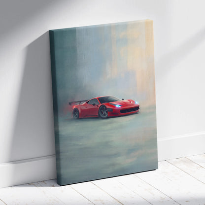 Red Ferrari 458 Italia inspired sports car canvas print featuring sleek design and glowing headlights for wall art