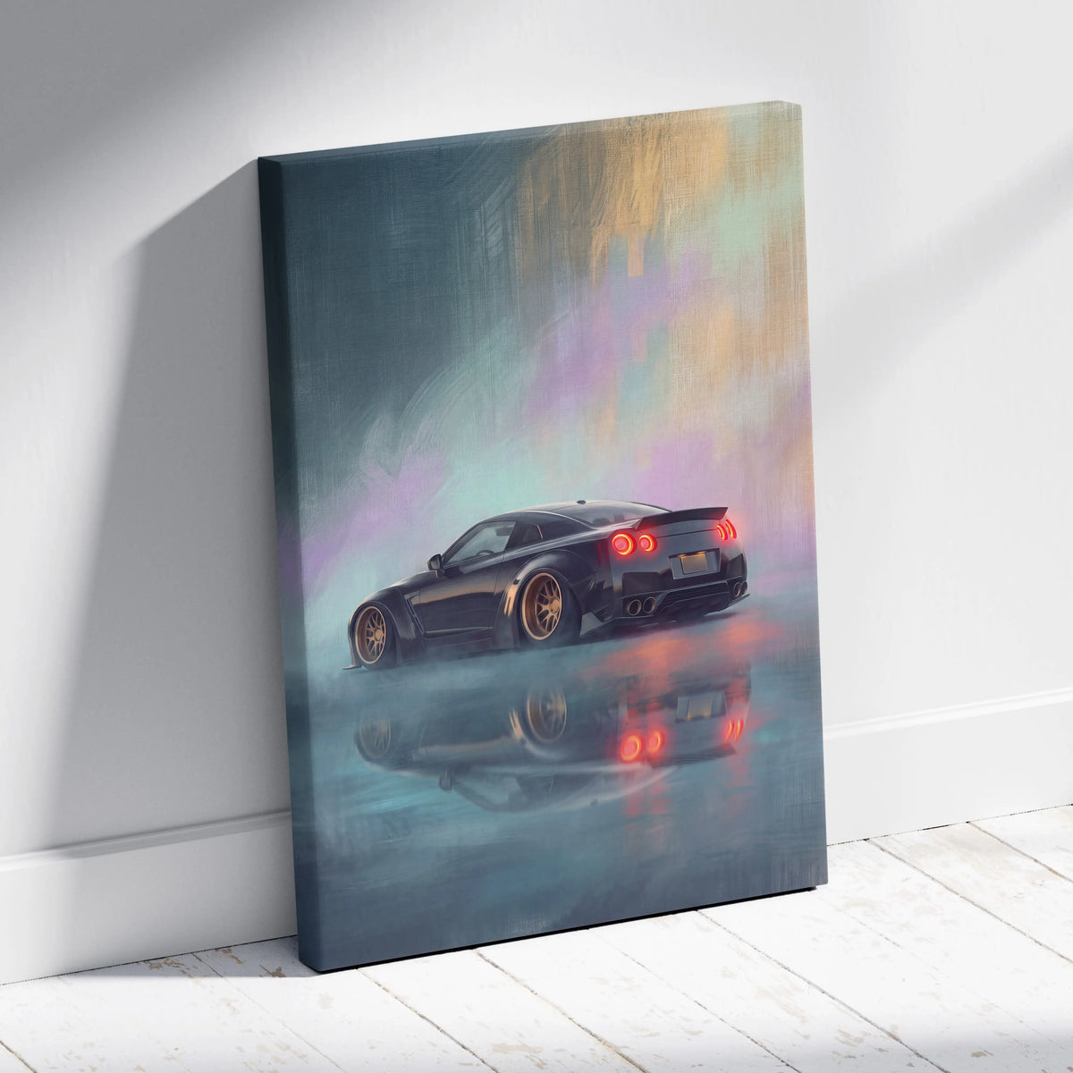 Black nissan gt-r canvas print featuring sleek low-profile sports car with glowing red taillights and gold rims for modern decor