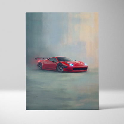 Vibrant red Ferrari 458 Italia inspired luxury supercar canvas wall art with dynamic smoky artistic rendering