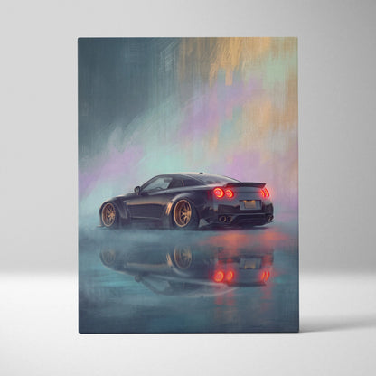 Black nissan r35 gt-r widebody jdm car canvas painting with gold rims and glowing red taillights for modern decor