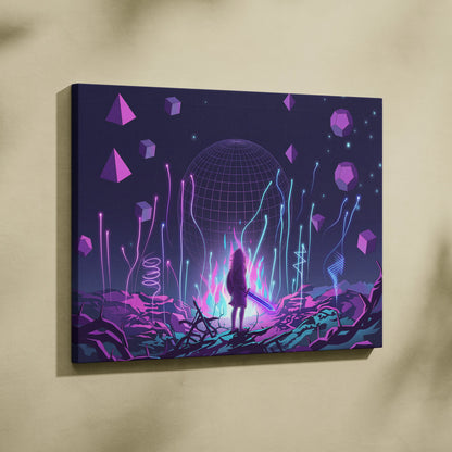 Vaporwave Neon Sphere Canvas - Vaporwave Fantasy Art Purple Pink Blue Neon Living Room Decor Retro Futurism Canvas Print