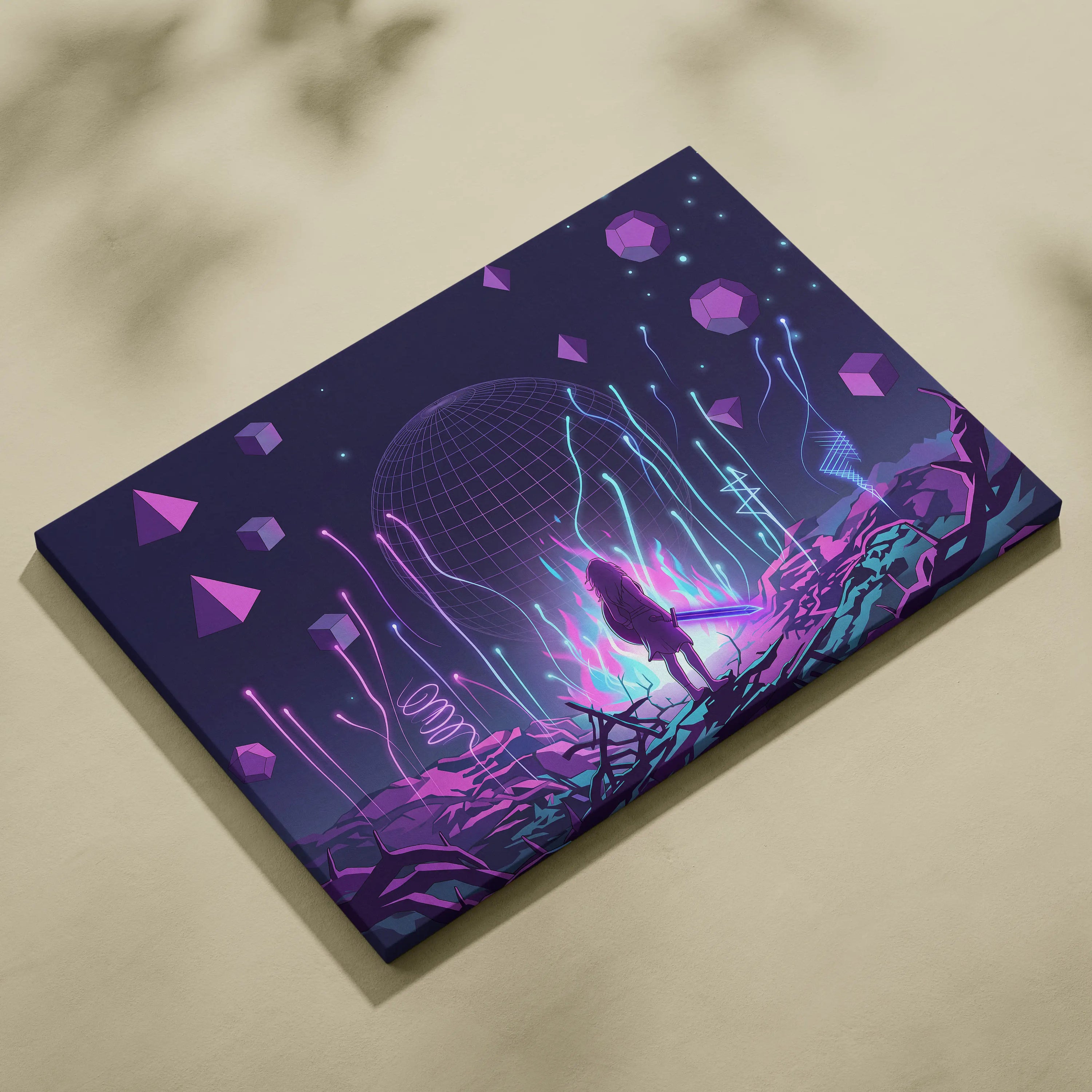 Vaporwave Neon Sphere Canvas - Vaporwave Fantasy Art Purple Pink Blue Neon Living Room Decor Retro Futurism Canvas Print