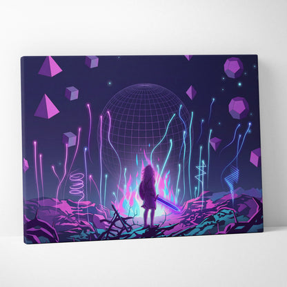 Vaporwave Neon Sphere Canvas - Vaporwave Fantasy Art Purple Pink Blue Neon Living Room Decor Retro Futurism Canvas Print