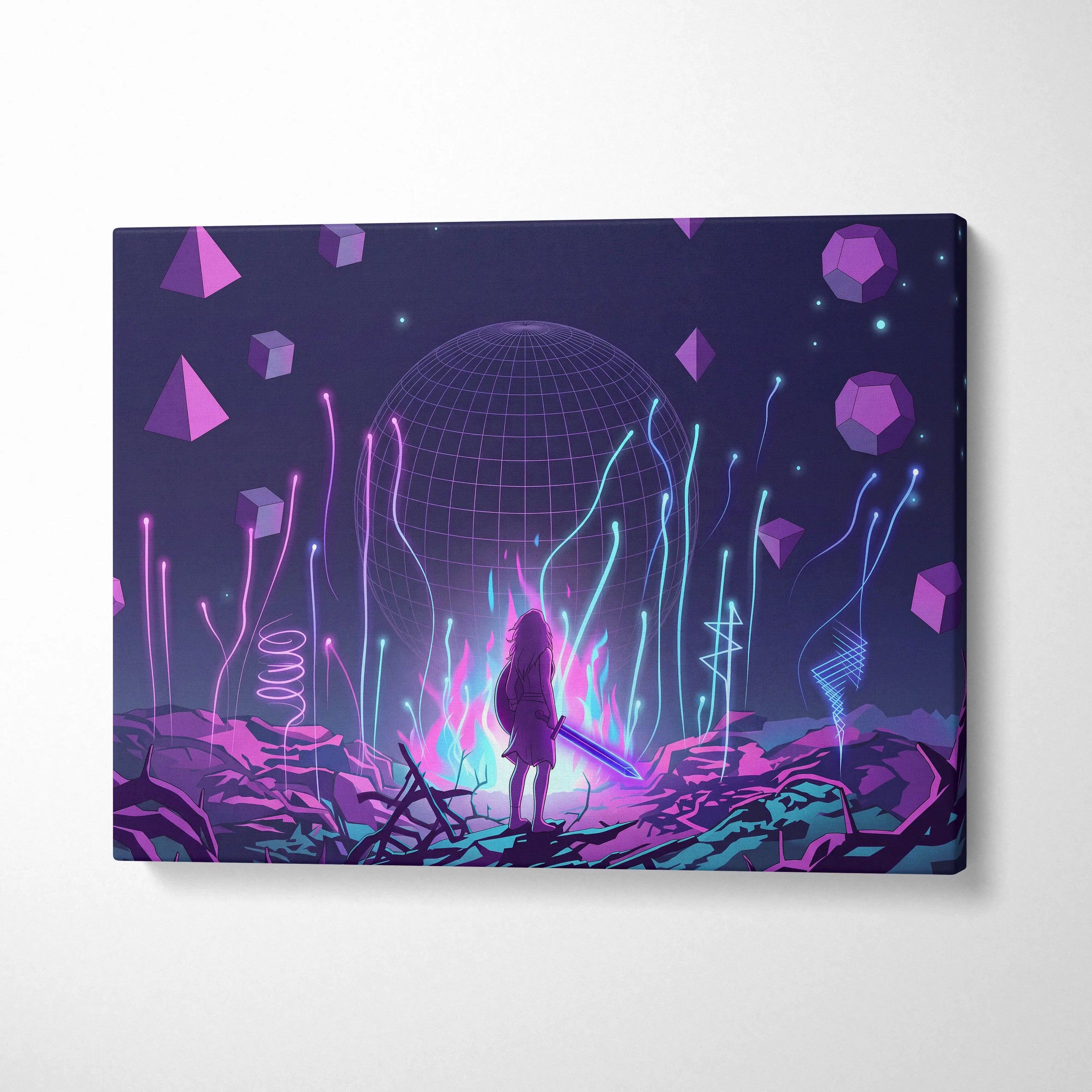 Vaporwave Neon Sphere Canvas - Vaporwave Fantasy Art Purple Pink Blue Neon Living Room Decor Retro Futurism Canvas Print