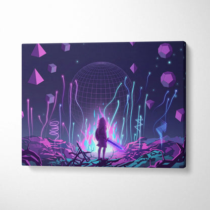Vaporwave Neon Sphere Canvas - Vaporwave Fantasy Art Purple Pink Blue Neon Living Room Decor Retro Futurism Canvas Print