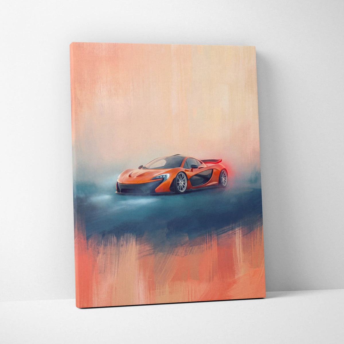 Orange mclaren p1 sports car stylized on painterly canvas print custom supercar wall art for car enthusiasts