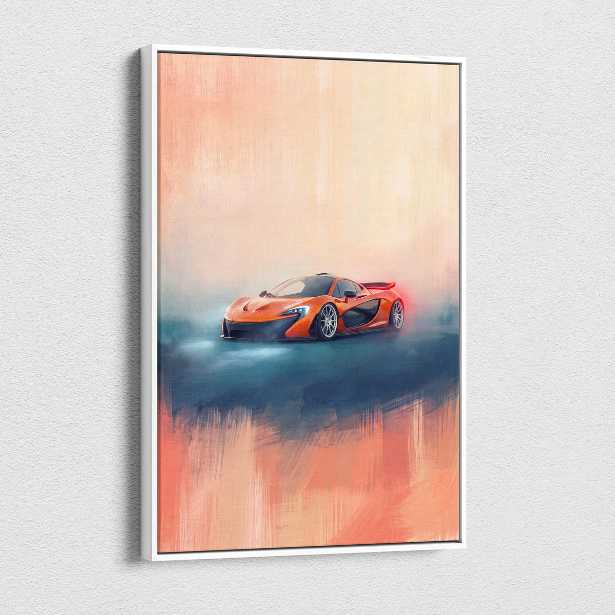 Orange mclaren p1 inspired supercar canvas art print in a white frame for custom car wall decoration