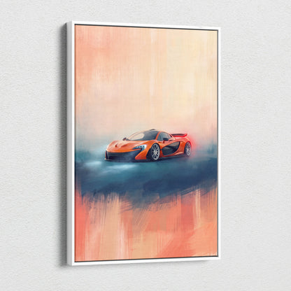Orange mclaren p1 inspired supercar canvas art print in a white frame for custom car wall decoration