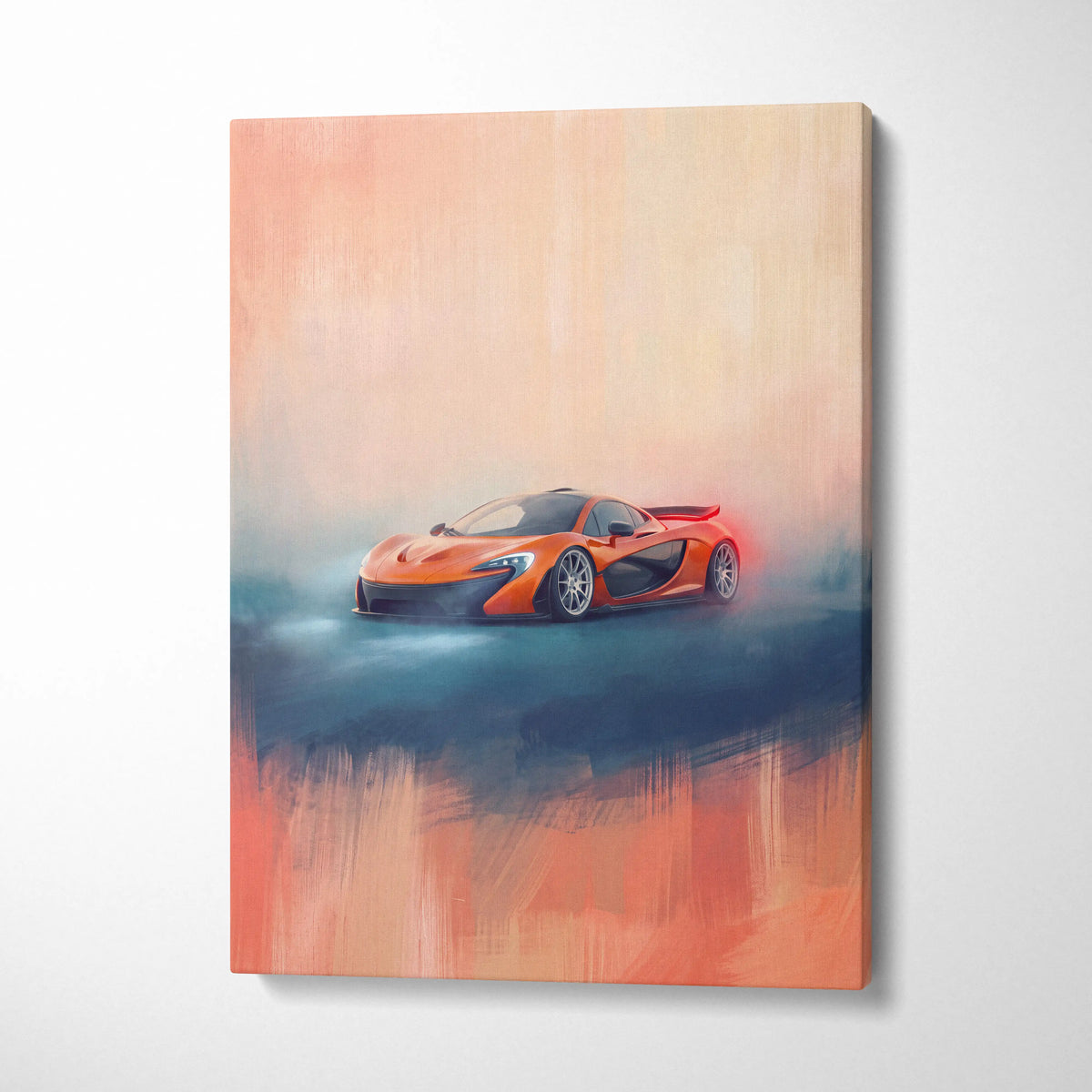 Orange McLaren P1 sports car painting on canvas custom supercar wall art print for car enthusiasts