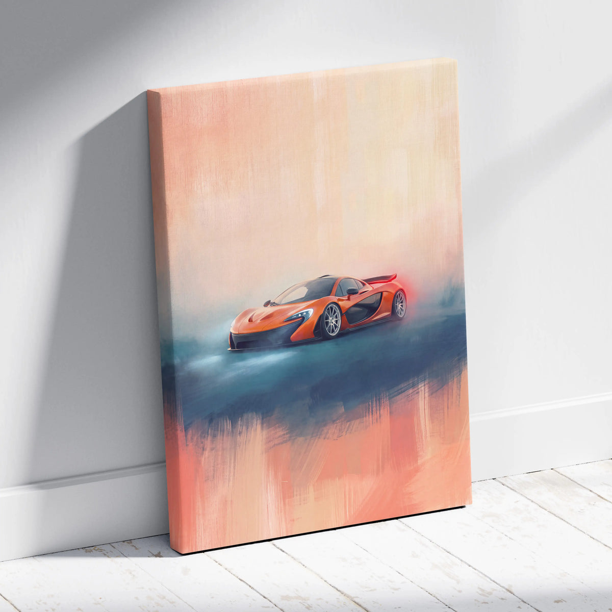 Orange mclaren p1 sports car stylized painterly canvas print custom supercar wall art for home decor