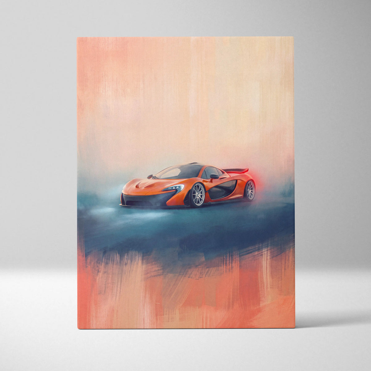 Vibrant orange McLaren P1 inspired supercar canvas art with stylized painterly design and abstract gradient background
