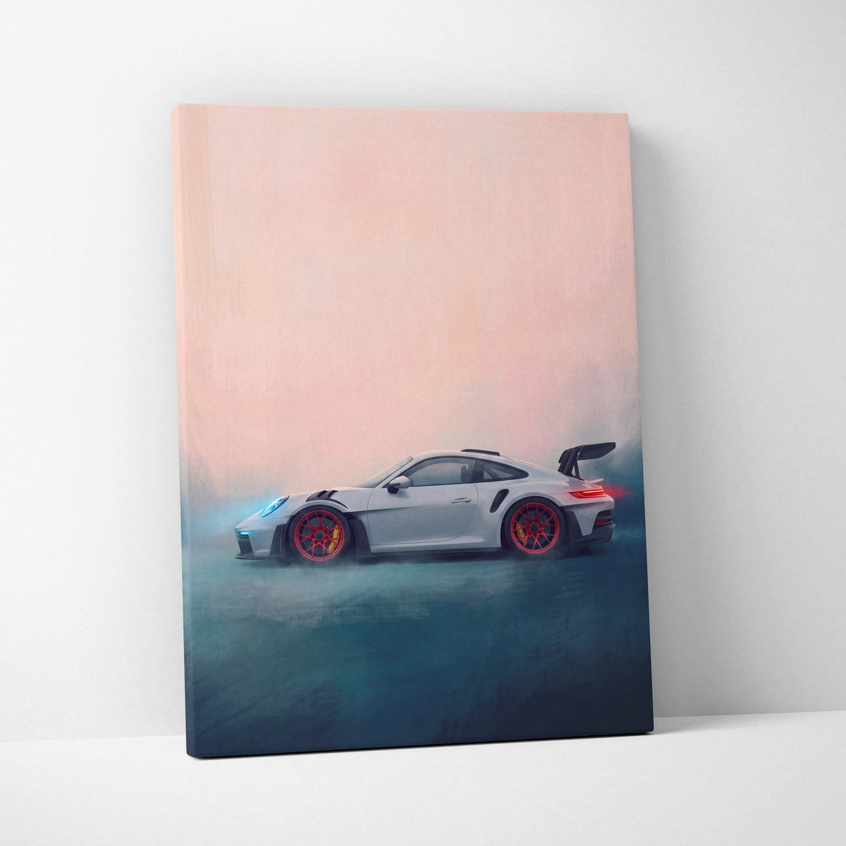 Porsche 911 GT3 RS inspired canvas art featuring sleek silver car with red rims and rear spoiler on pink teal gradient