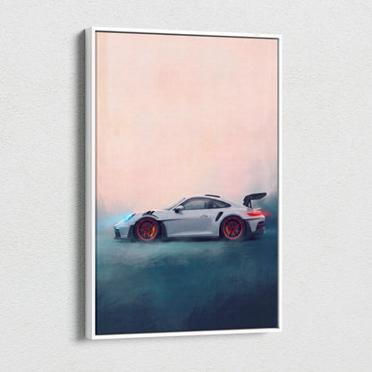 White-framed canvas print of silver porsche 911 gt3 rs with red wheels and glowing taillights against gradient sky