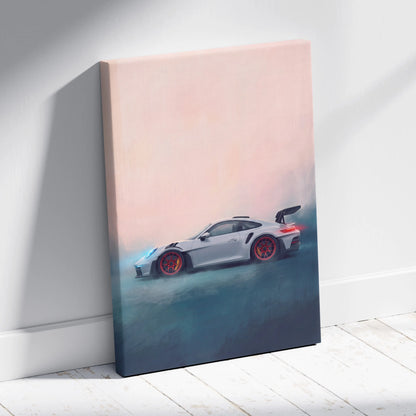 Porsche 911 gt3 rs inspired canvas art featuring a sleek silver car with red rims and black rear spoiler on premium wall decor