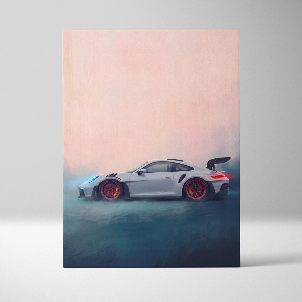 A sleek white porsche 911 gt3 rs inspired canvas art with red rims and black spoiler on pink teal gradient background
