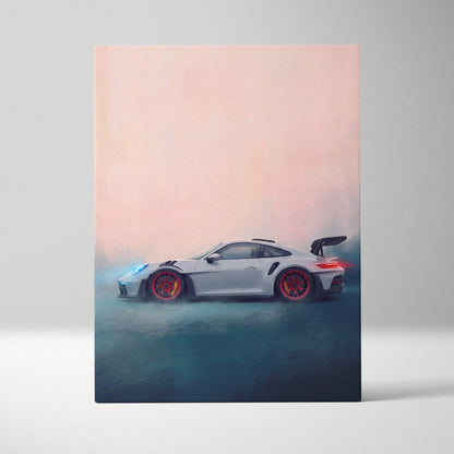 A sleek white porsche 911 gt3 rs inspired canvas art with red rims and black spoiler on pink teal gradient background