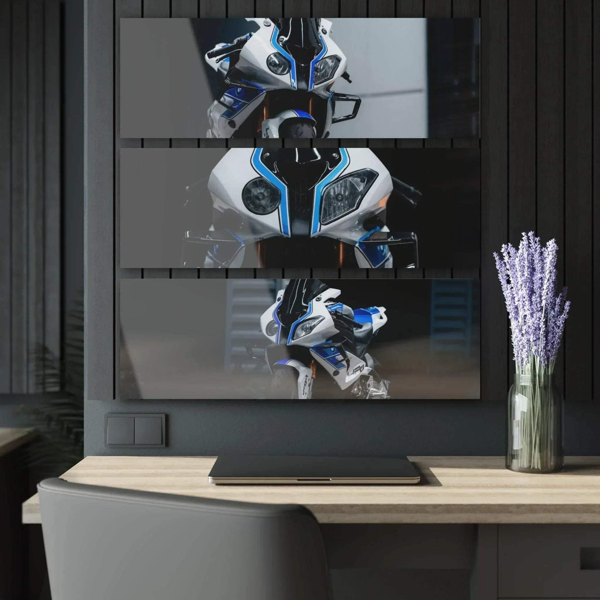 BMW S1000RR inspired 3-piece acrylic canvas wall art with sleek motorcycle details in black and blue tones.