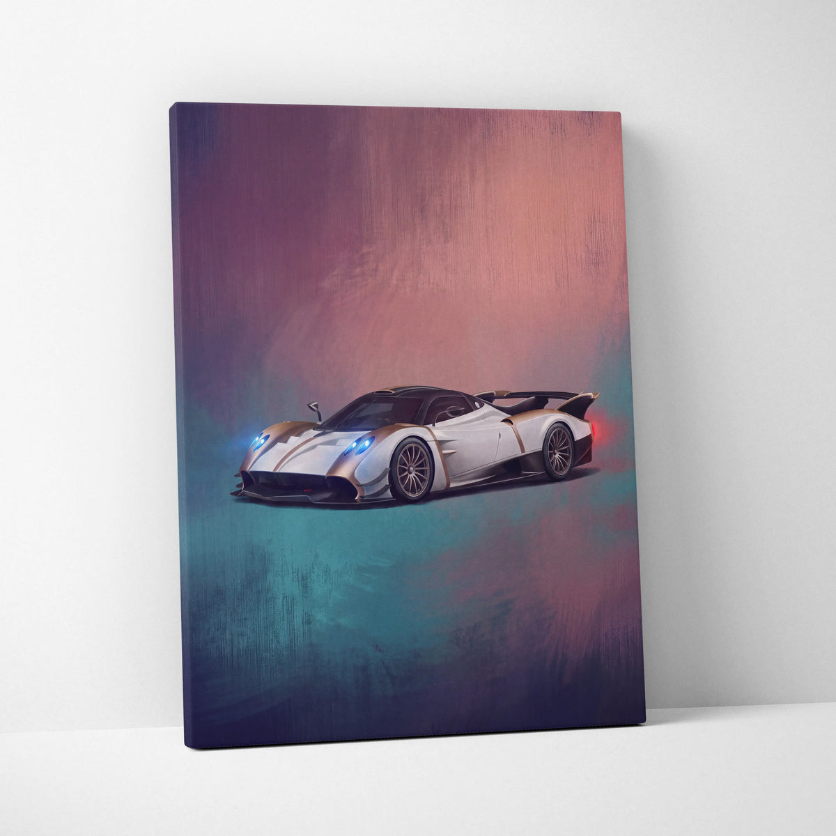 Pagani Huayra BC inspired white and gold hypercar canvas print with glowing blue headlights track edition wall art